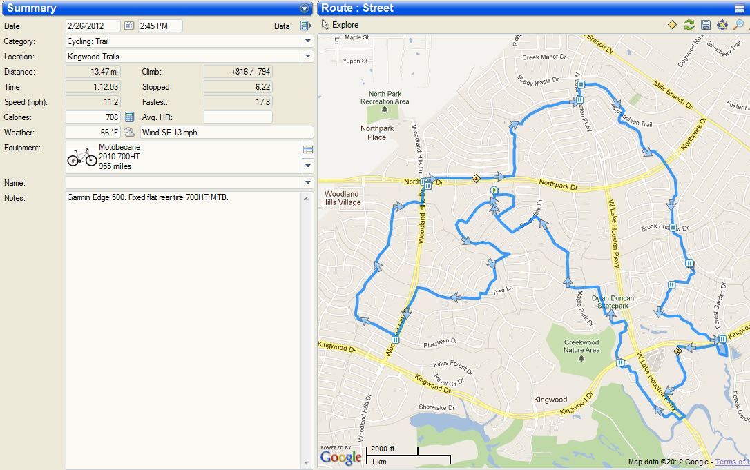 2-26-2012 Bike Ride Data and Route Map 2-26-2012 Bike Ride Data and Route Map