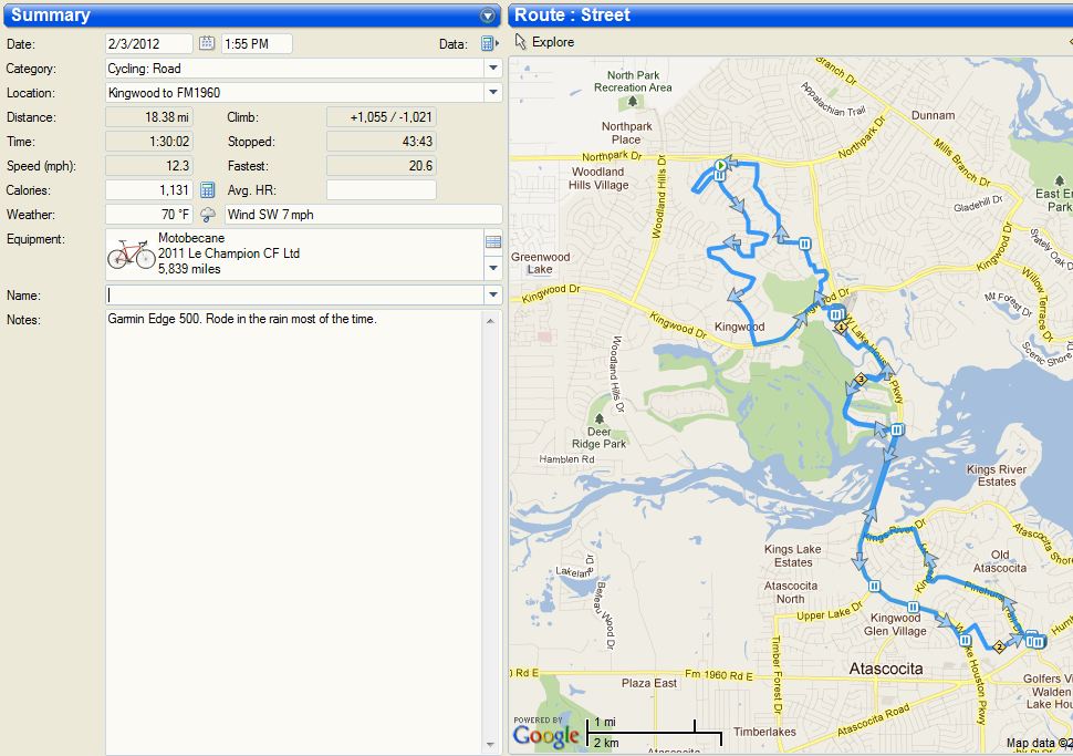 2-3-2012 Bike Ride Data and Route Map